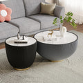 Round Coffee Table Set of 2, Sintered Stone Grey Coffee Table with Black End Table, Nesting Tables for Living Room, Accent Side Table for Apartment Home Office, No Need Assembly