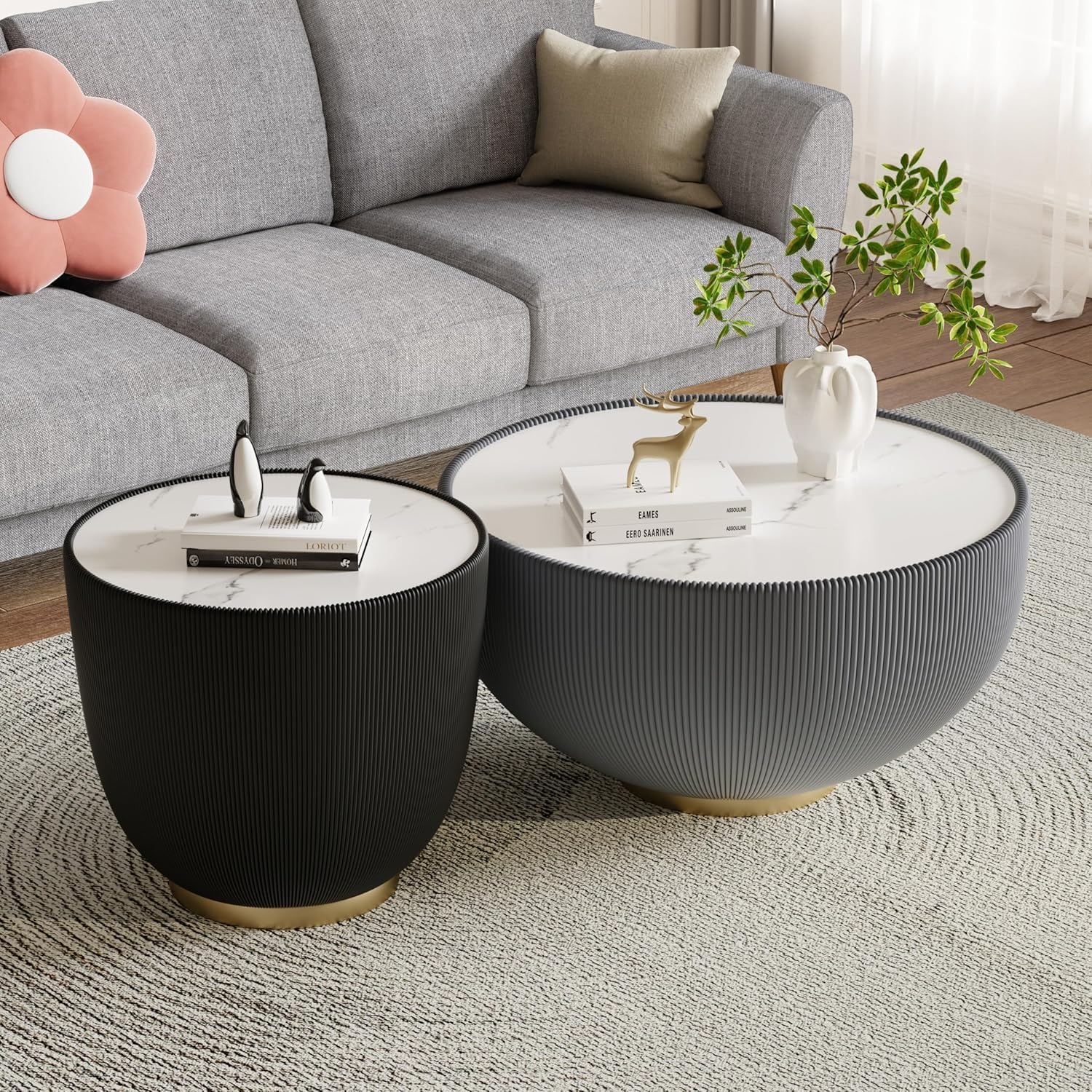 Round Coffee Table Set of 2, Sintered Stone Grey Coffee Table with Black End Table, Nesting Tables for Living Room, Accent Side Table for Apartment Home Office, No Need Assembly