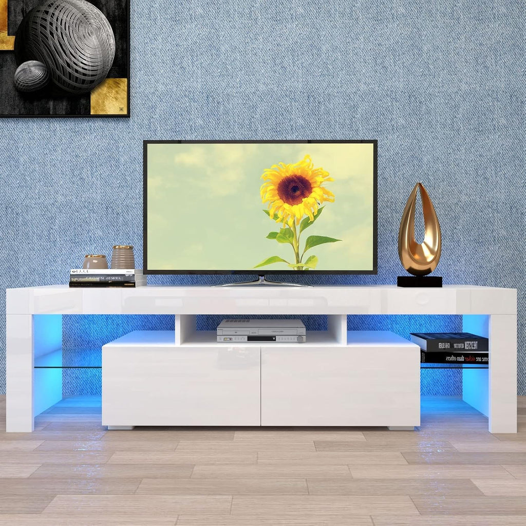 White LED TV Stand for /50/60/70 Inch TVs with Color Change LED Lighting, Universal Entertainment Center for Video Gaming, Movies, and Home Decor, Clear Glass Shelving (White2)