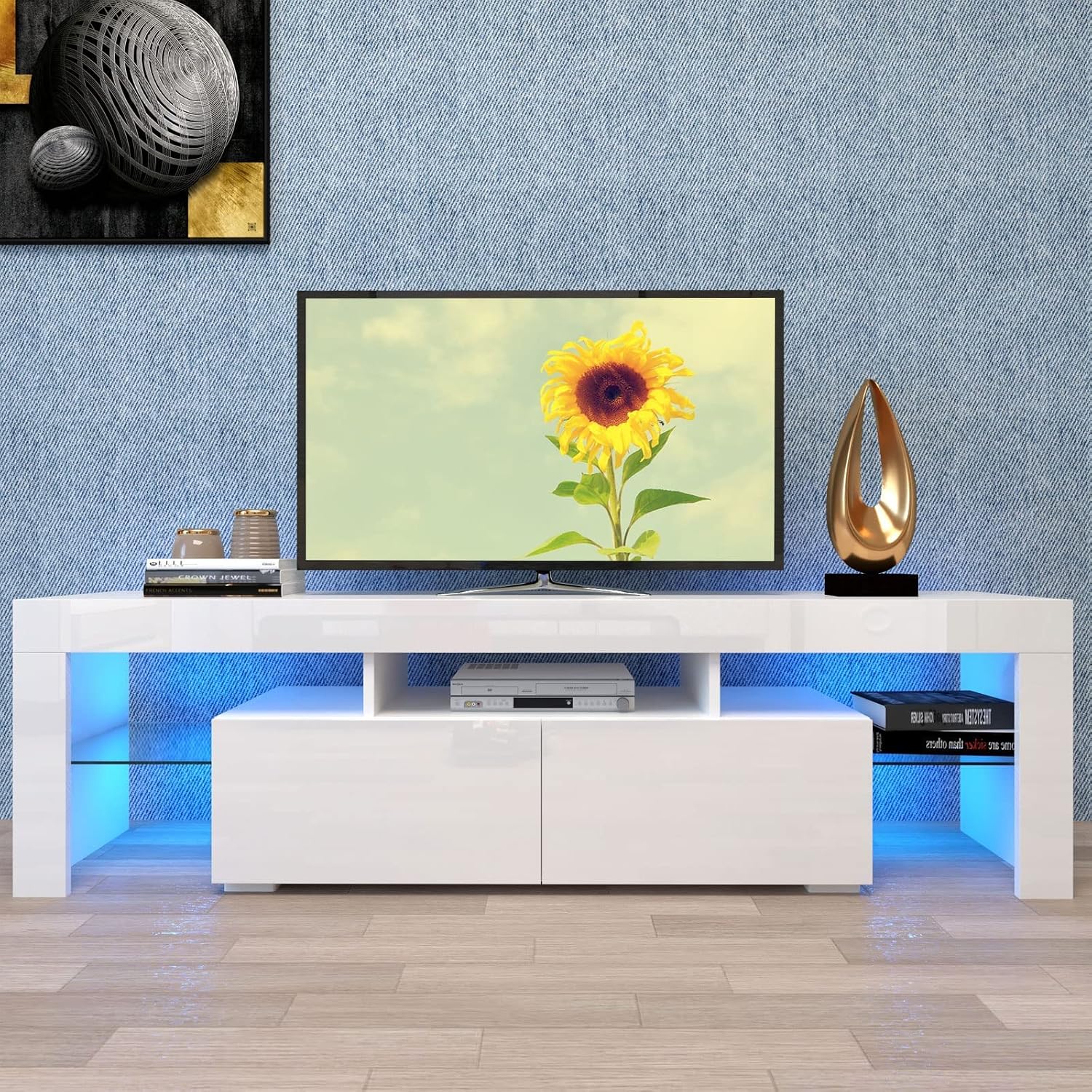 White LED TV Stand for /50/60/70 Inch TVs with Color Change LED Lighting, Universal Entertainment Center for Video Gaming, Movies, and Home Decor, Clear Glass Shelving (White2)