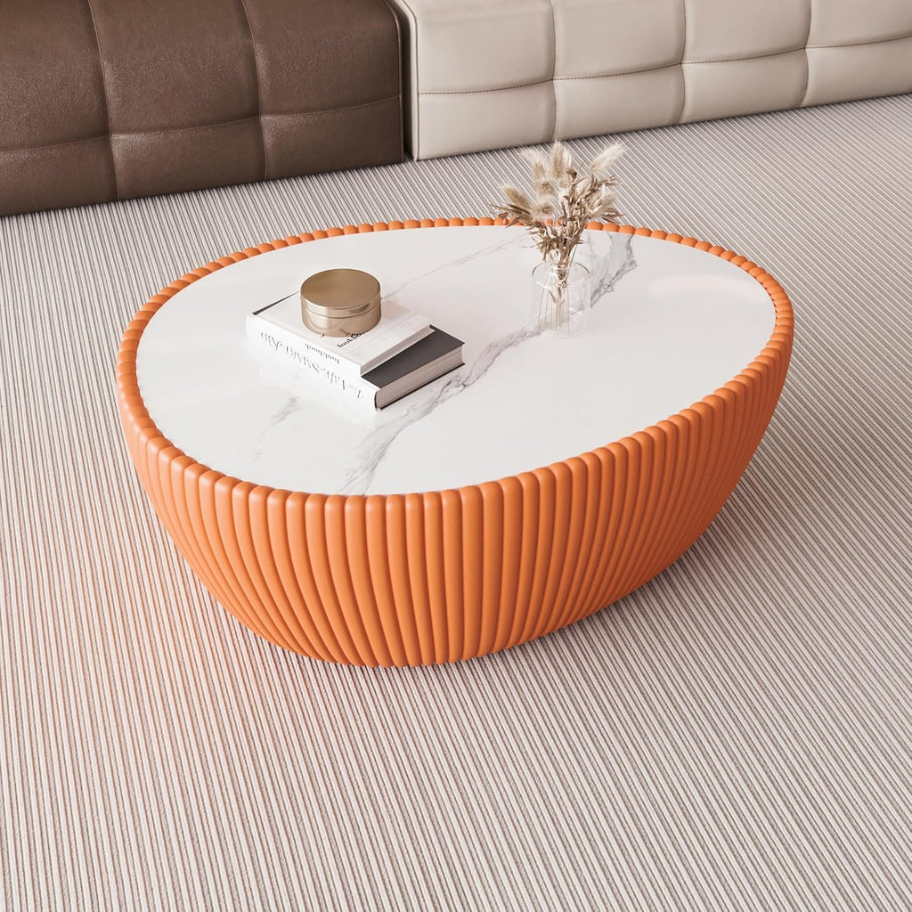 32'' Goose Egg Shaped Coffee Table, White Sintered Stone Top with Unique Pattern & Leather Wrapped, Modern Side Sofa Table, No Assembly (Orange)