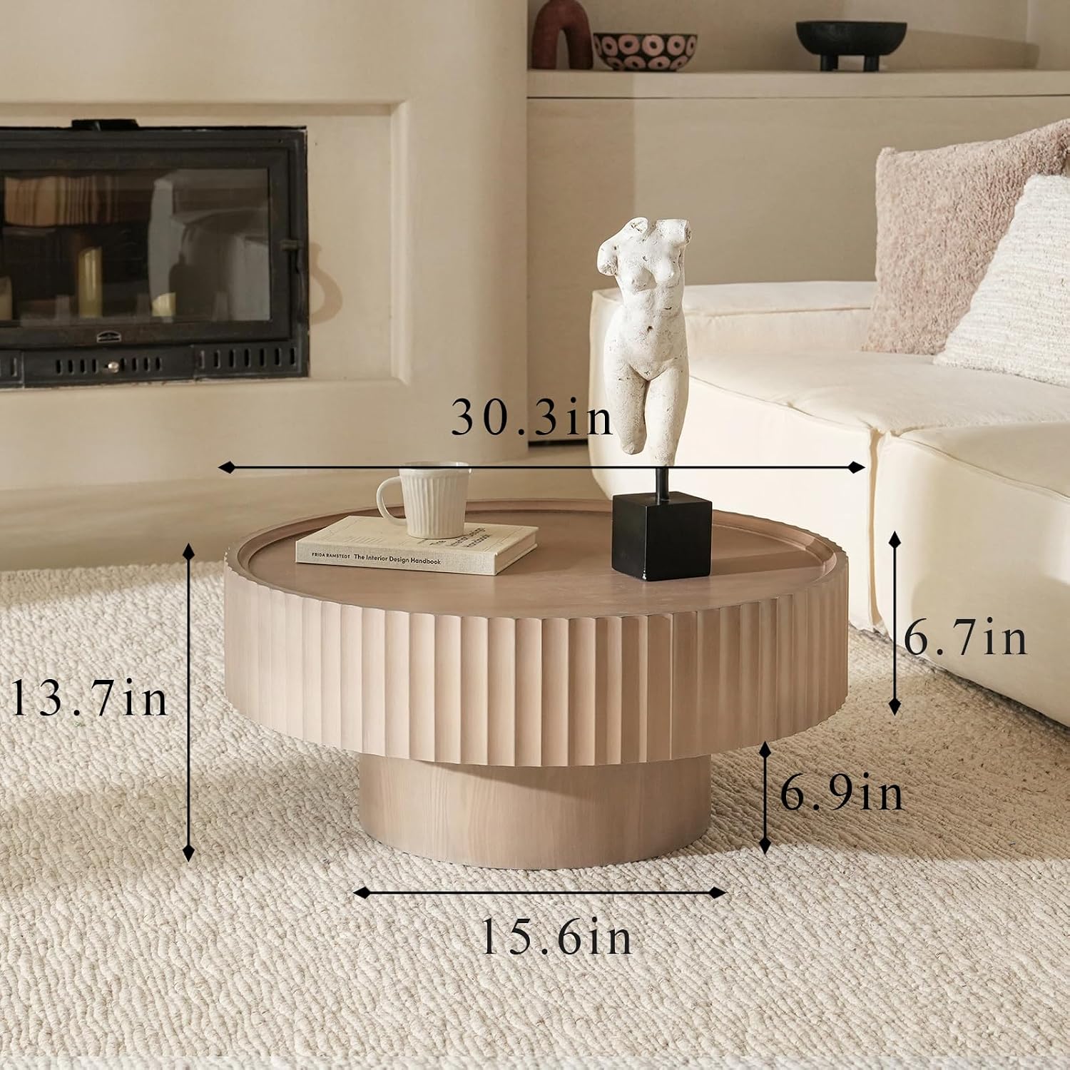 Round Coffee Table, 30.3in Modern Living Room Table, Fluted Drum Circle Tea Table with Storage, Accent Center Tables for Living Room, Apartment, Small Space (Grayish Pink)