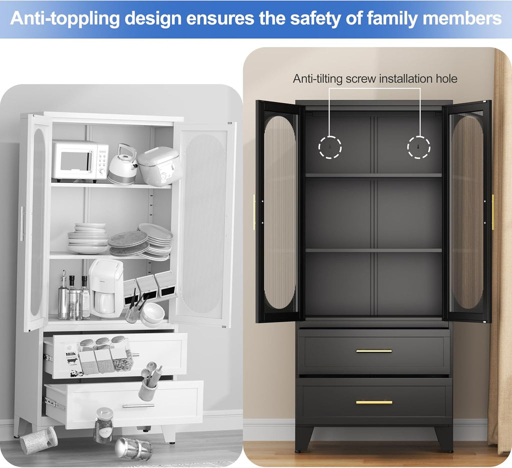 PAOFIN Kitchen Pantry Storage Cabinet with 2 Acrylic Doors, 2 Drawers,2 Adjustable Shelves, freestanding Cupboard Versatile Storage for Office, Laundry,Dining Room or Living Room (61' Black)