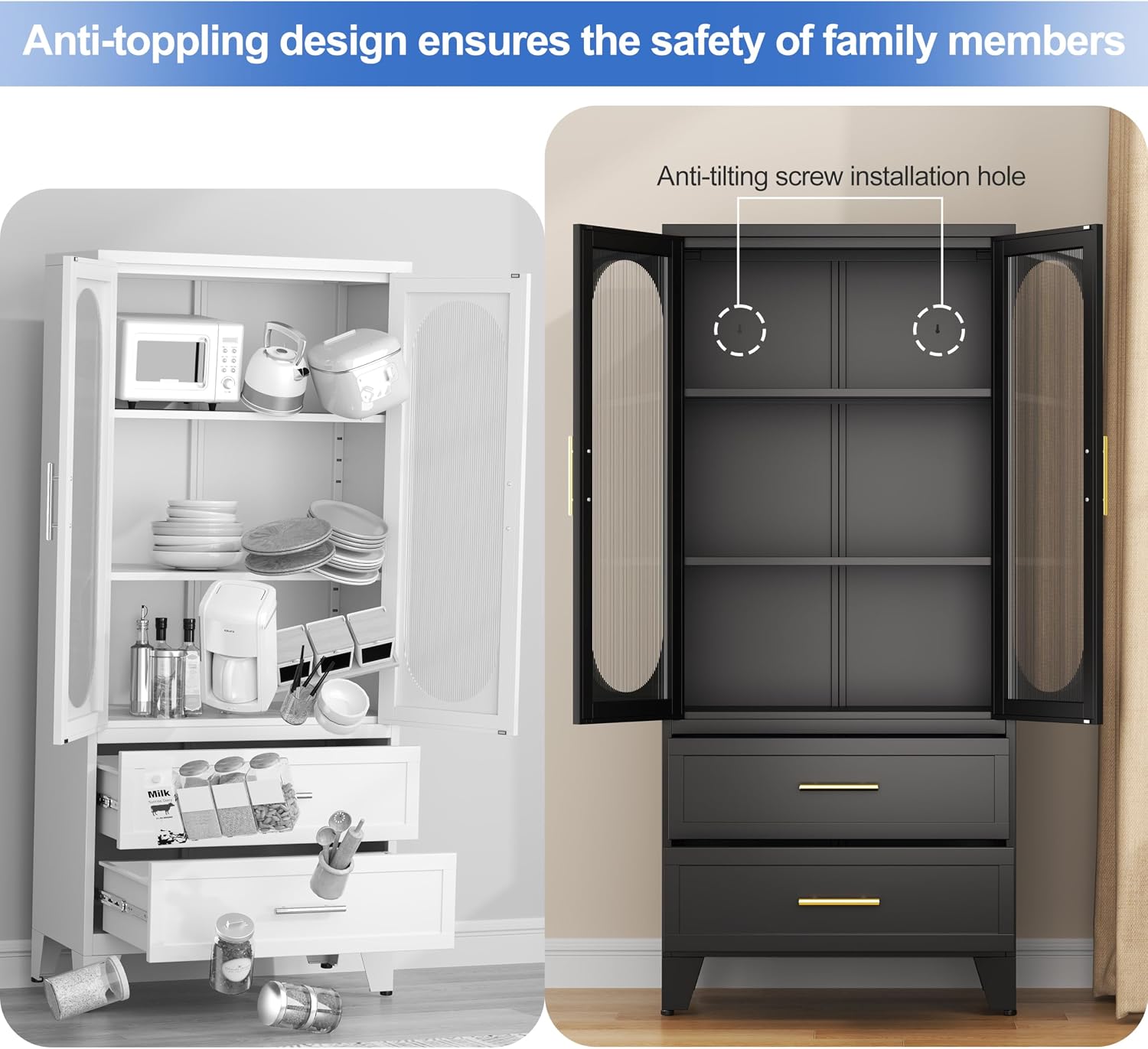PAOFIN Kitchen Pantry Storage Cabinet with 2 Acrylic Doors, 2 Drawers,2 Adjustable Shelves, freestanding Cupboard Versatile Storage for Office, Laundry,Dining Room or Living Room (61' Black)