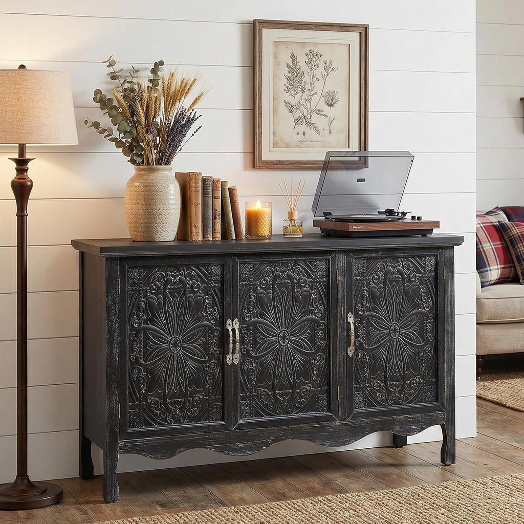 RoyalCraft Buffet Cabinet with Storage, Vintage Solid Wood Sideboard Table Coffee Bar Wine Bar Storage Cabinet with 3 Doors for Dining Room, Living Room, Hallway, Distressed Black