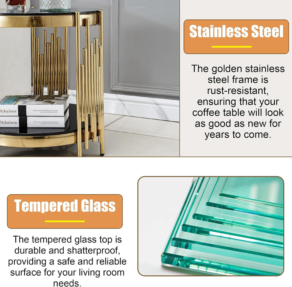 20' Round Glass End Table, 2-Tier Gold Side Table with Stainless Steel Legs and Black Tempered Glass, Modern Luxury End Table for Living Room Home Office
