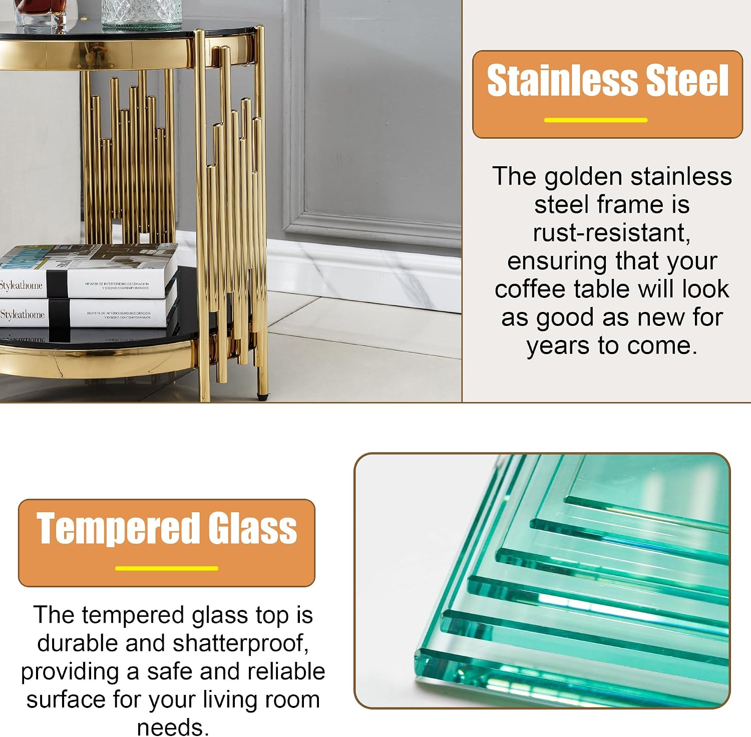 20' Round Glass End Table, 2-Tier Gold Side Table with Stainless Steel Legs and Black Tempered Glass, Modern Luxury End Table for Living Room Home Office