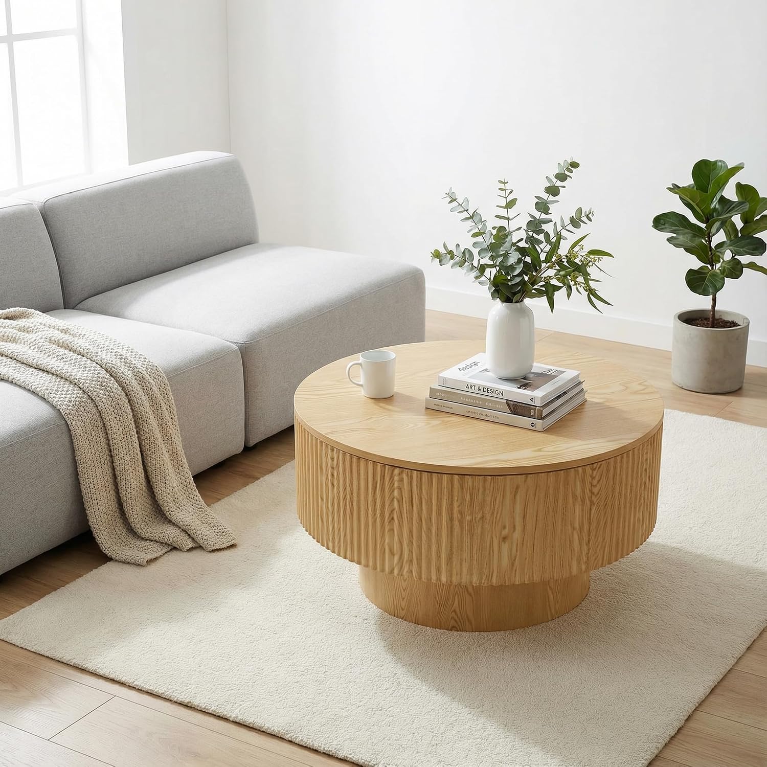 Round Coffee Table, Fluted Coffee Table with Storage, Modern Living Room Table Beside Sofa, Circle Coffee Table for Living Room, Couch, Conference Room