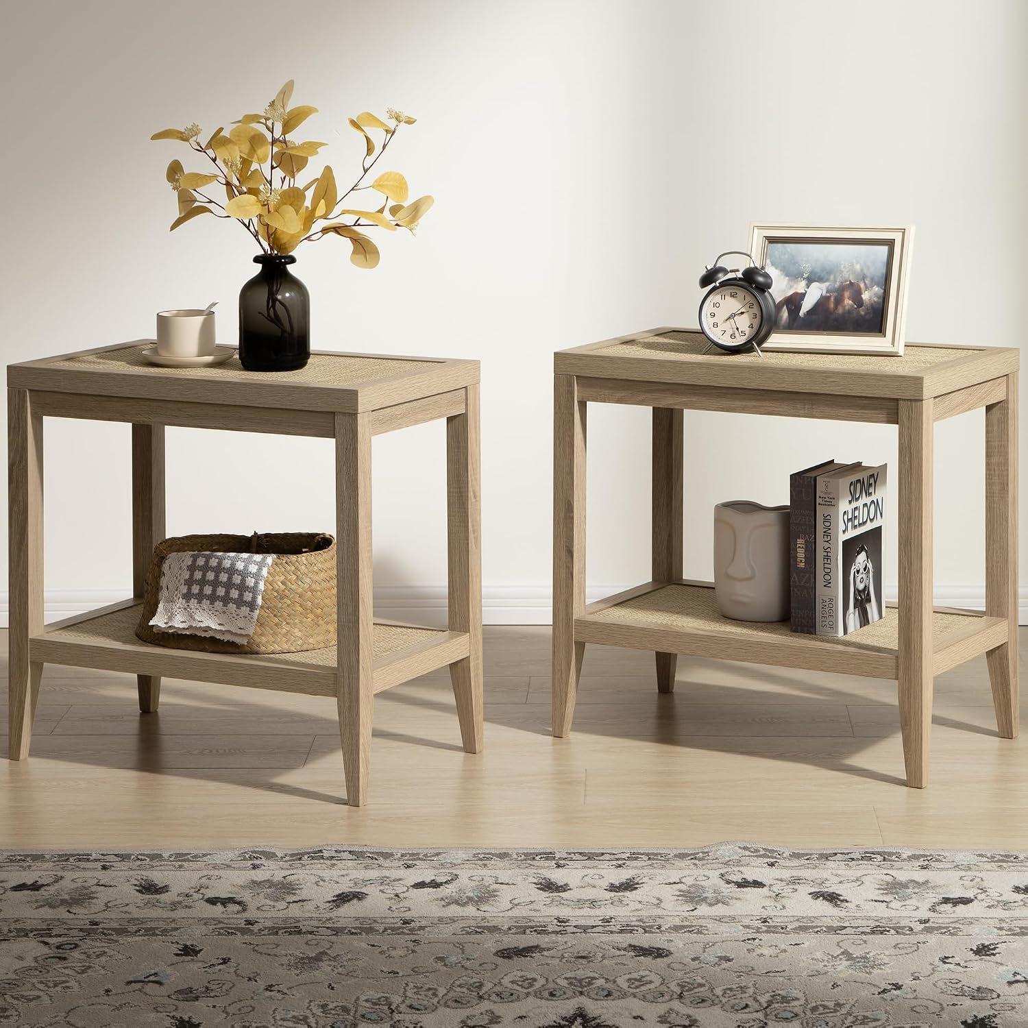 SICOTAS Rattan Coffee Table Set, 3-Piece Farmhouse End Table Set with Rectangle Center Coffee Table & 2 Accent Sofa Side Tables for Living Room, Light Oak