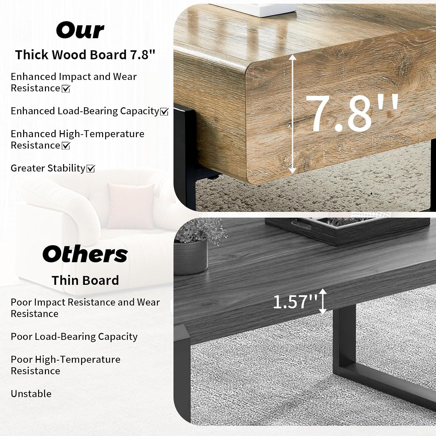 47.24' Rectangle Coffee Table, Wood Coffee Table Center Table with 7.8' Thick Tabletop Metal Legs Rounded Corners for Living Room Office, Natural Wood