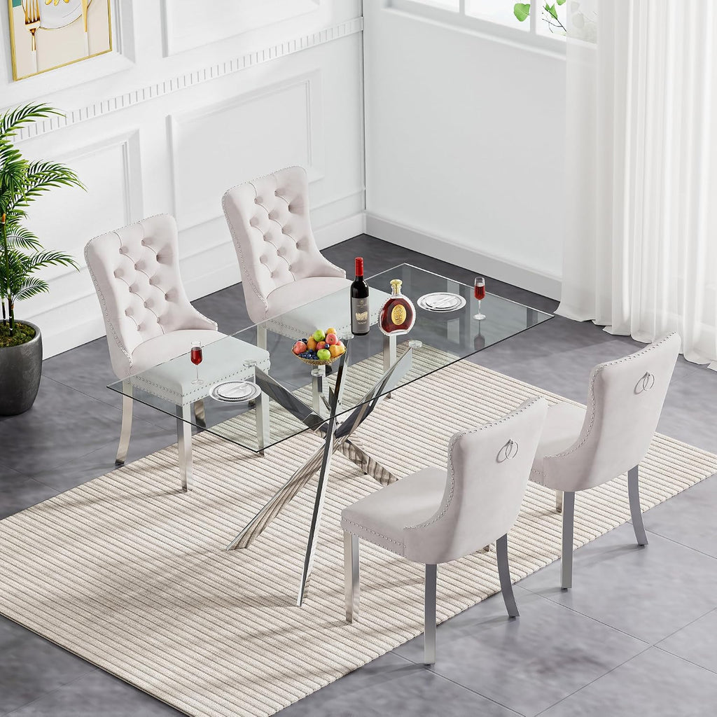 51' Modern Dining Table Set for 4, Rectangular Tempered Glass Dining Table and 4 Beige Velvet Dining Chairs, Luxury 5 Piece Kitchen Dining Room Tables Set with Silver Chrome Metal X-Base