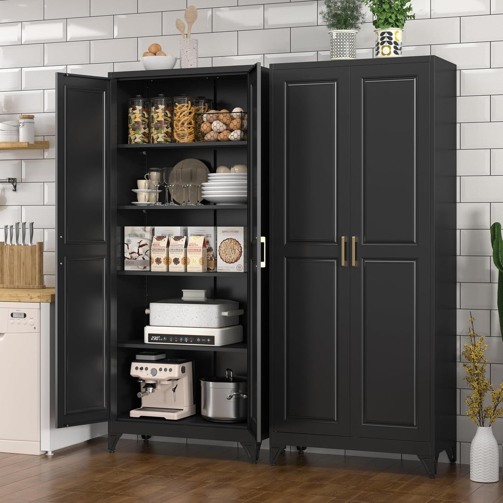 Polup Kitchen Pantry Cabinet, 75' H Metal Storage Cabinet with Doors and Shelves, 4 Standing Feet, Cupboard for Kitchen, Dining, Living Room, 16' D x 32' W x 75' H, Black, Assembly Required
