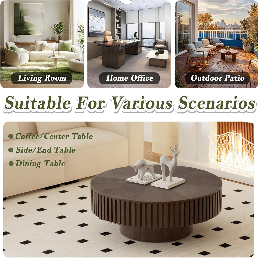 Round Coffee Table with Storage Modern Round Storage Coffee Table Brown Fluted Drum Coffee Table Low Circle Coffee Tables for Living Room (Brown B, 31.4')
