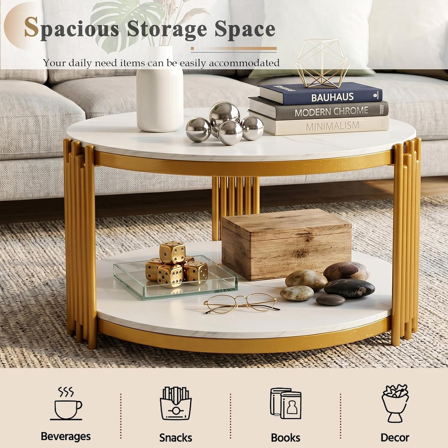 Round Marble Coffee Table Luxury 2-Tier Center Coffee Table with Gold Metal Frame Modern Living Room Table Elegant White Accent Cocktail Tea Table with Storage Shelves