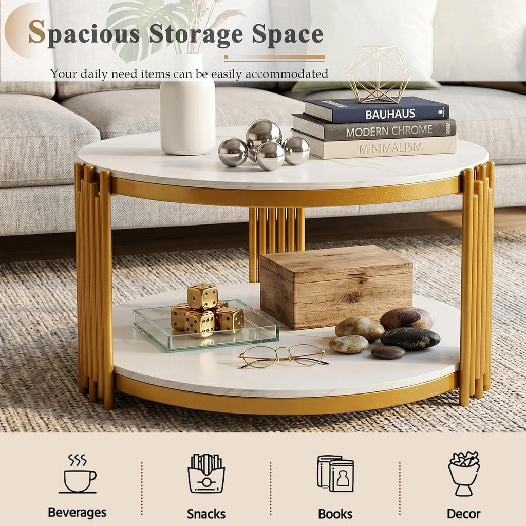 Round Marble Coffee Table Set of 3, Modern White Faux Marble Coffee and End Tables Set with Gold Metal Frame, 3 Piece Living Room Table Set with 1 Coffee Table & 2 Side Table