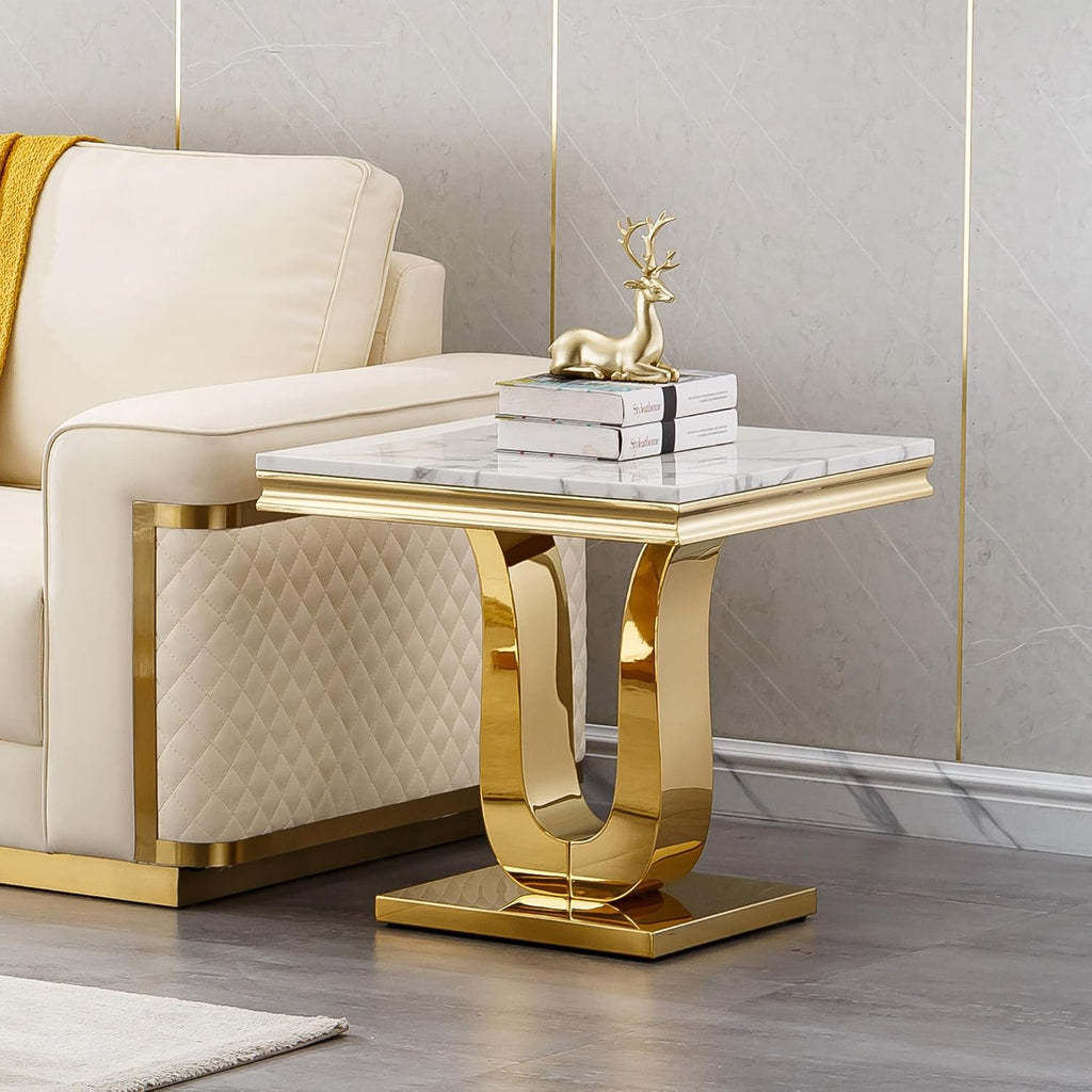 3 Pieces Living Room Table Set, Faux Marble Coffee Table Set of 3, Modern Coffee Table, Console Table and End Table with U-Shaped Stainless Steel Base for Living Room (White Gold)