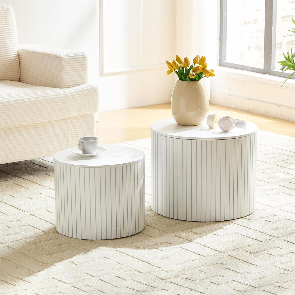 Nesting Coffee Table Set of 2, 19.17' Round Coffee Tables with Storage, Modern End Table for Living Room,Side Table for Apartment,Office,Dorm(White)