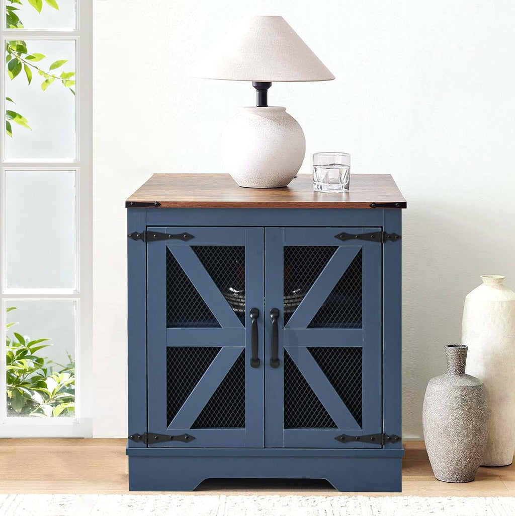 Farmhouse Nightstand with Charging Station Set of 2, Side Table with Barn Door and Storage, Rustic Wood Bedside Table, End Table for Living Room and Bedroom, Blue