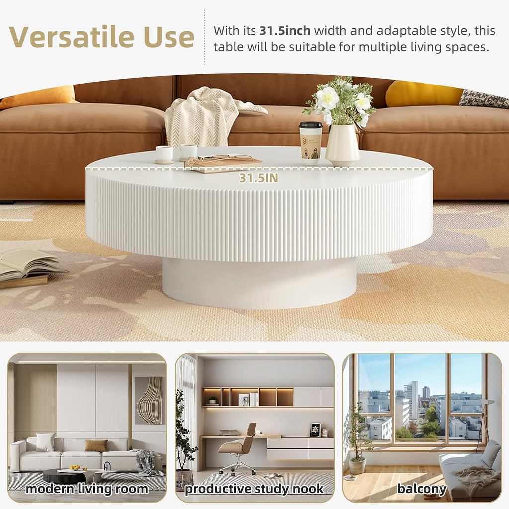 WILLIAMSPACE 31.5' White Round Coffee Table with 6.8' Thick Tabletop & Sturdy Base, Modern Drum Center Table Circle Accent Side Table for Living Room, Minimalist Fluted Design, White