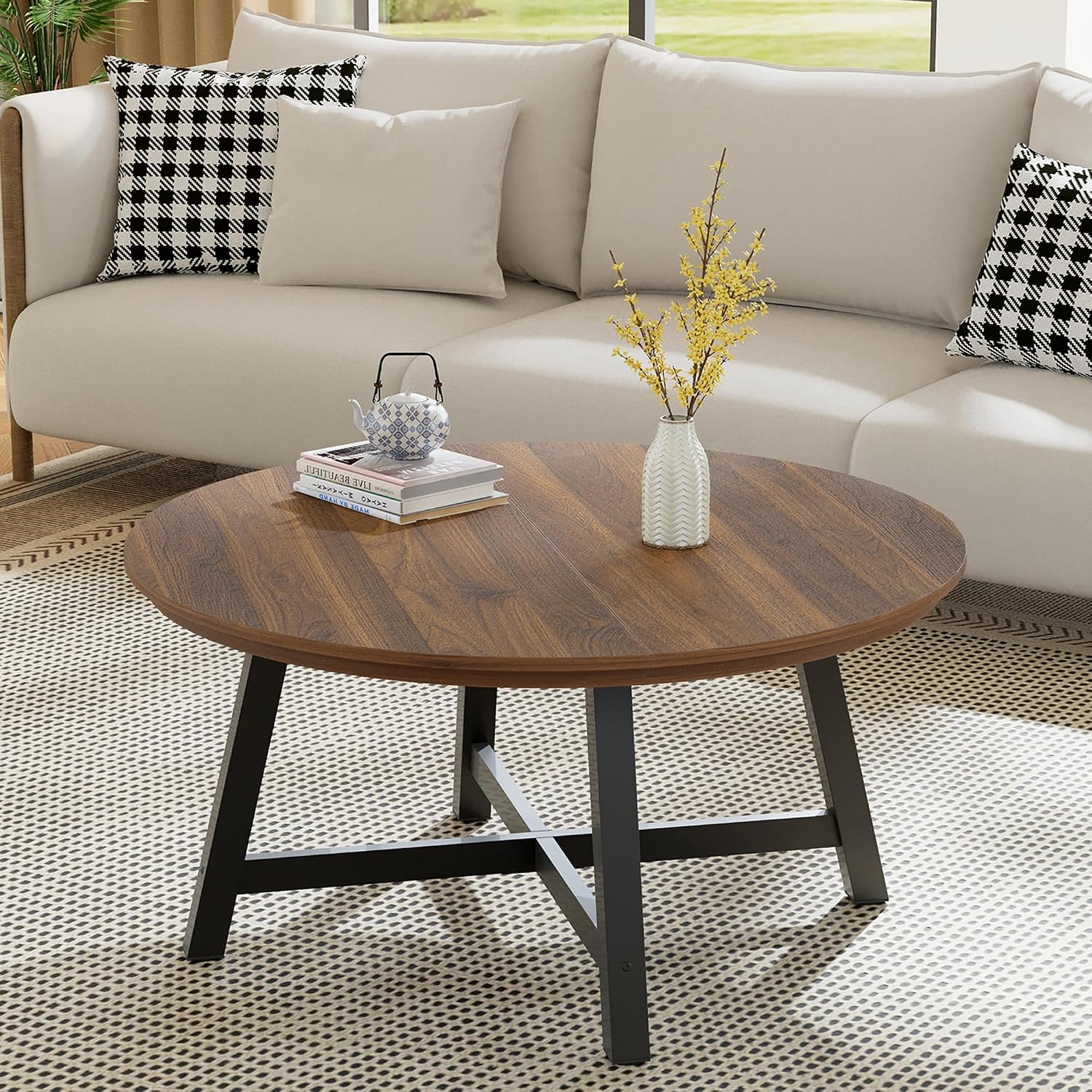 36' Round Coffee Table for Living Room, Large Circle Center Table with Wood Grain Top, Thick Metal Legs & Adjustable Feet, Modern Round Coffee Tables for Apartments Homes Easy Assembly, Brown