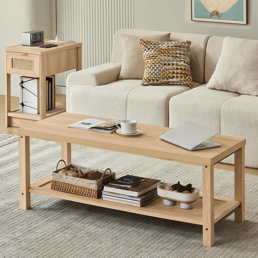 Lerliuo Boho Coffee Table Set of 3, Rattan Coffee and End Table Sets with Charging Station, Living Room Table Set with Open Shelf for Living Room, Natural Wood