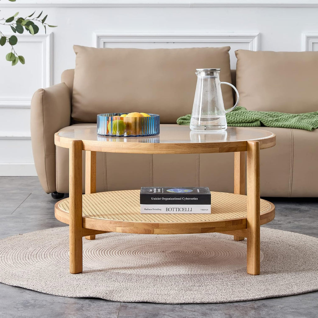 Round Wood Coffee Table with Tempered Glass Top & Rattan Layer, 2-Tier Modern Farmhouse Circle Coffee Table Side Table End Table for Living Room, Easy Assembly (34.6''*17.7'', Wood Color)