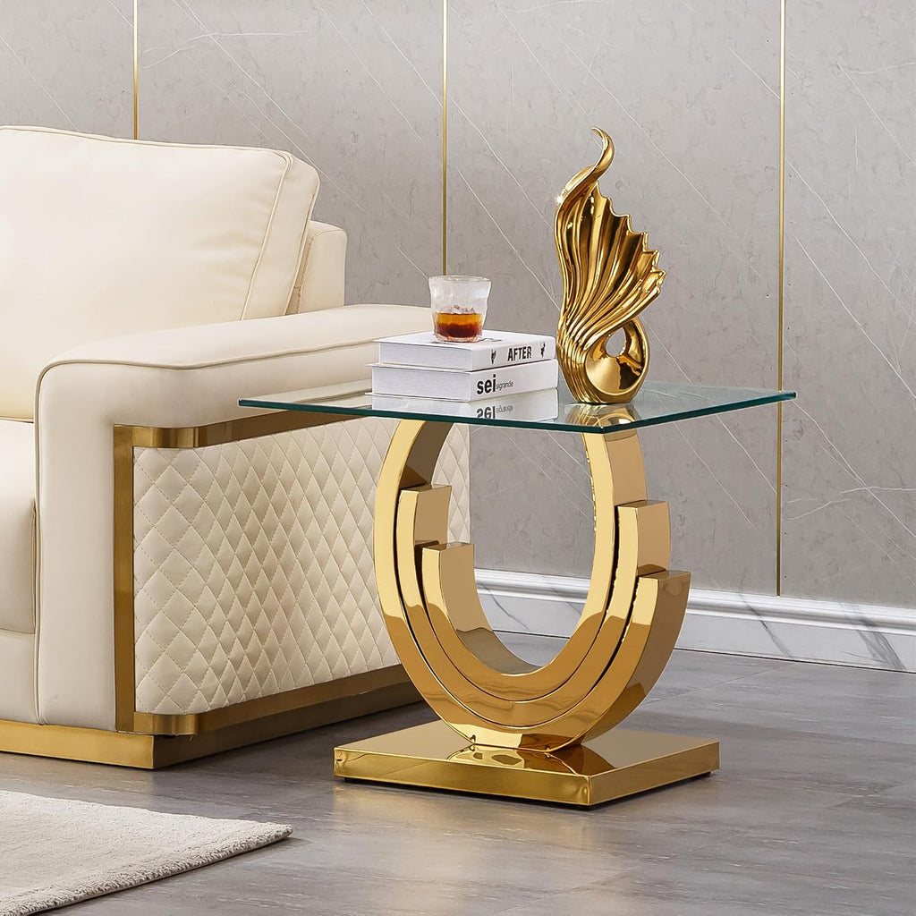 2 Pieces Living Room Table Set, Glass Coffee Table Set of 2, Modern Coffee Table and End Table with Three U-Shaped Stainless Steel Base for Living Room (Gold)
