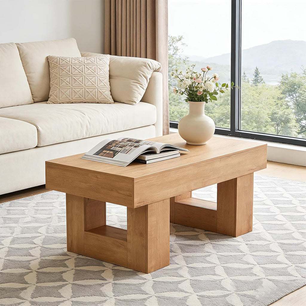 EROMMY 39' Minimalist Farmhouse Coffee Table for Living Room, Wooden Rectangular Accent Center Tables with Thick Tabletop, Rustic Modern Low Cocktail Tea Furniture with Thick U-Shaped Base (Natural)