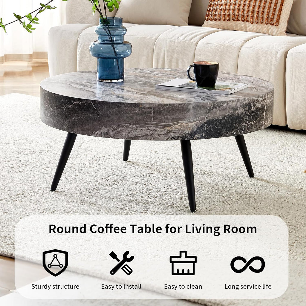 Round Coffee Table, Small Wood Marble Coffee Table with Storage, Modern Mid Century Circle Tables Accent Center Tables for Living Room Apartment Small Space (31.5''D-Marble Grey)