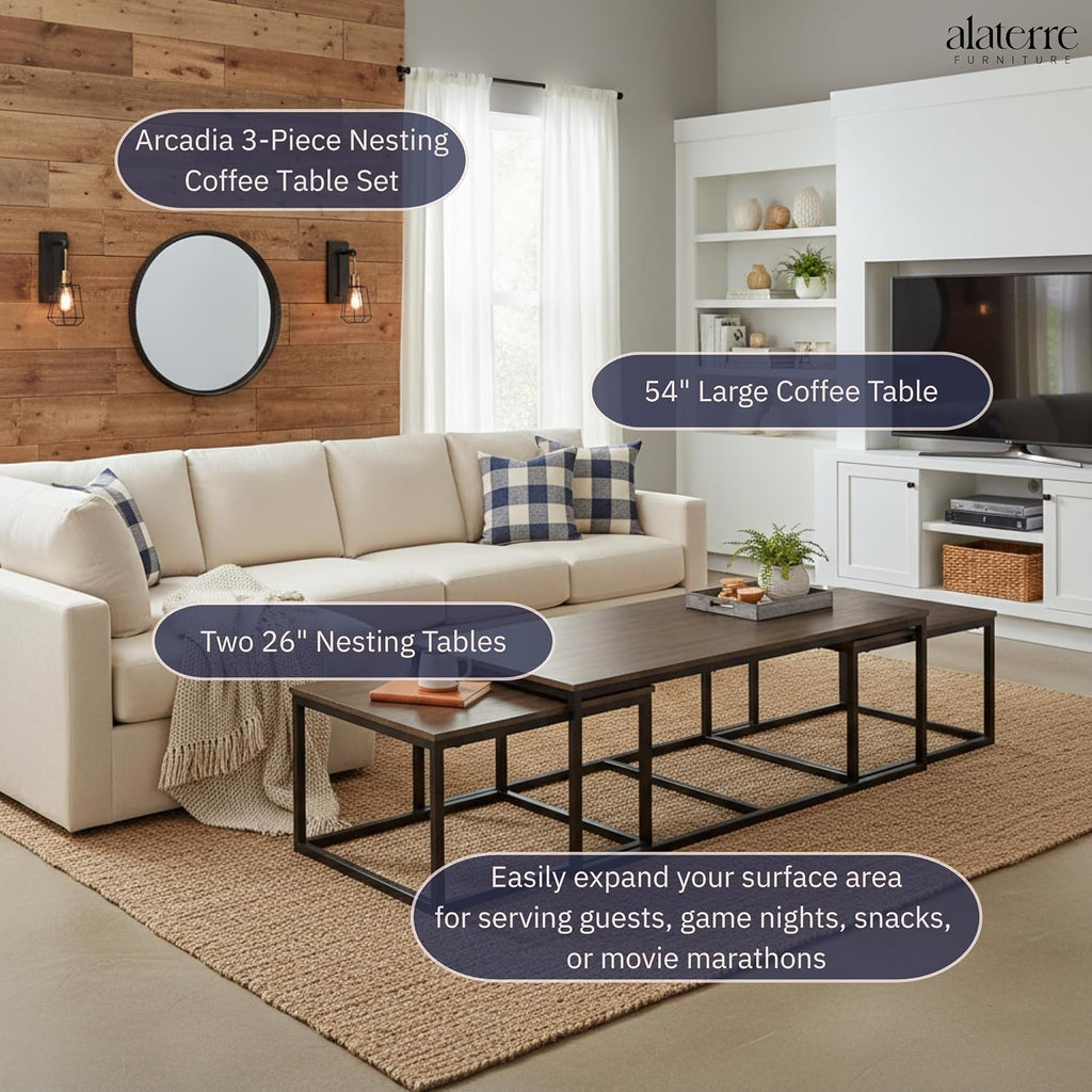 Arcadia 3-Piece Nesting Coffee Table Set – 54' Large Table with Two 26' Small Tables – Industrial Farmhouse Style with Solid Acacia Wood & Metal Sled Legs by Alaterre Furniture (Antiqued Mocha)