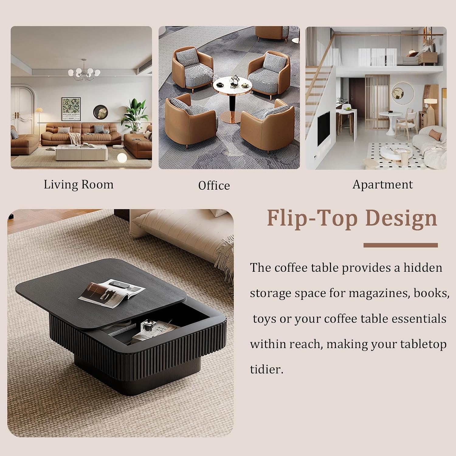 31.5' Square Coffee Table with Hidden Storage Compartment, Modern Handcraft Fluted Drum Coffee Table, Wooden Square Center Table Cocktail Tea Table with Sturdy Pedestal for Living Room, Black
