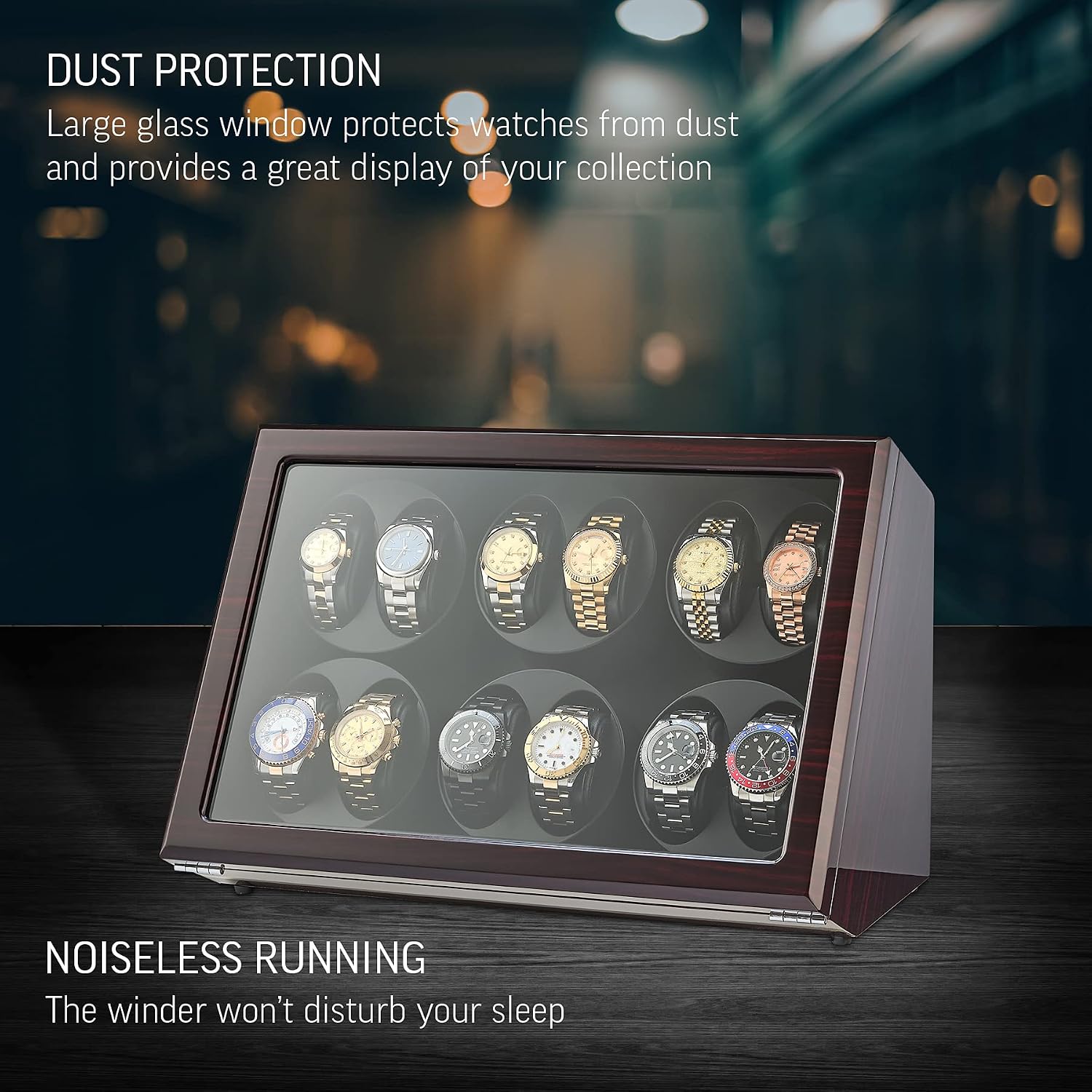 12 Watch Winder for Automatic Watches with Motor-Stop and Battery Option