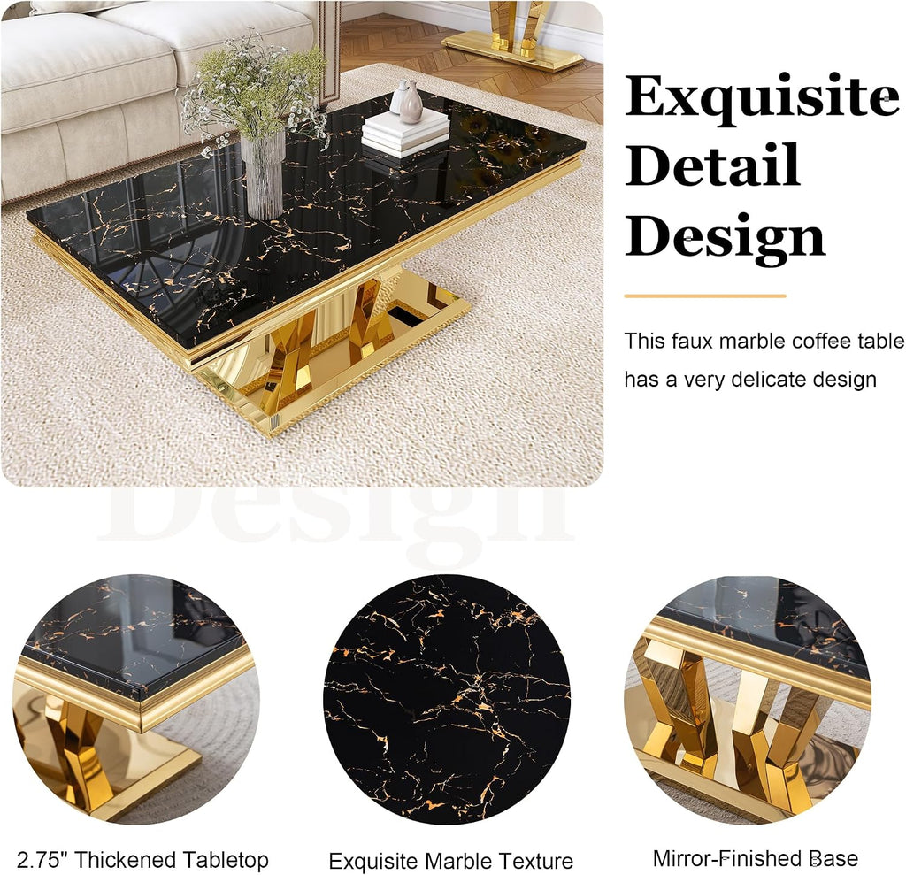 Modern Marble Coffee Table, 47' Living Room Table with Diamond-Shape Stainless Steel Base and Thickened Faux Marble Top for Living Room, Bedroom, Lounge (Gold,Black)