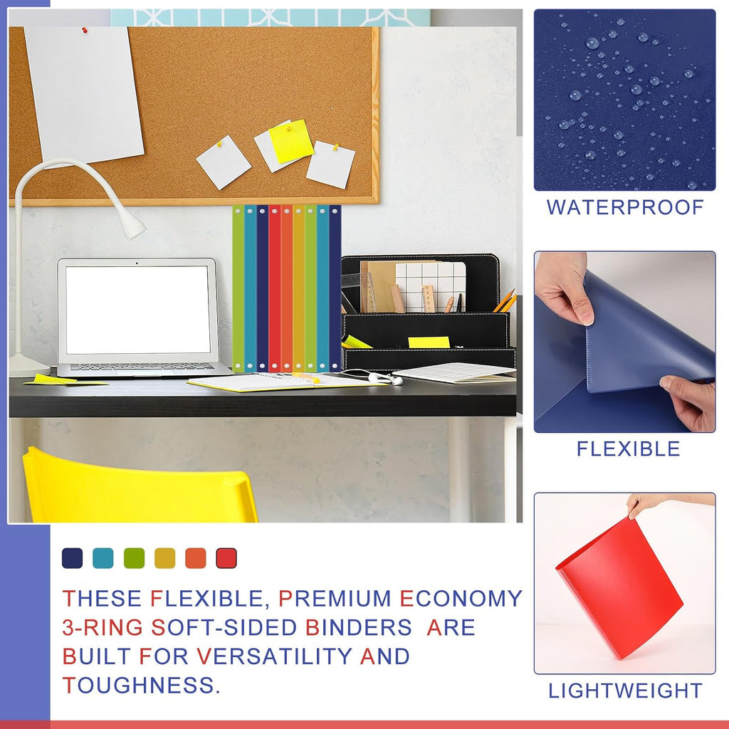 Fulmoon 48 Pack 3 Ring Plastic Binders 1.5 Inch Bulk with 2 Pockets, Flexible Binder Loose Leaf Hardcover, Fit 12' x 10' US Letter Size Paper, for School Office Home, 6 Colors(Vibrant)