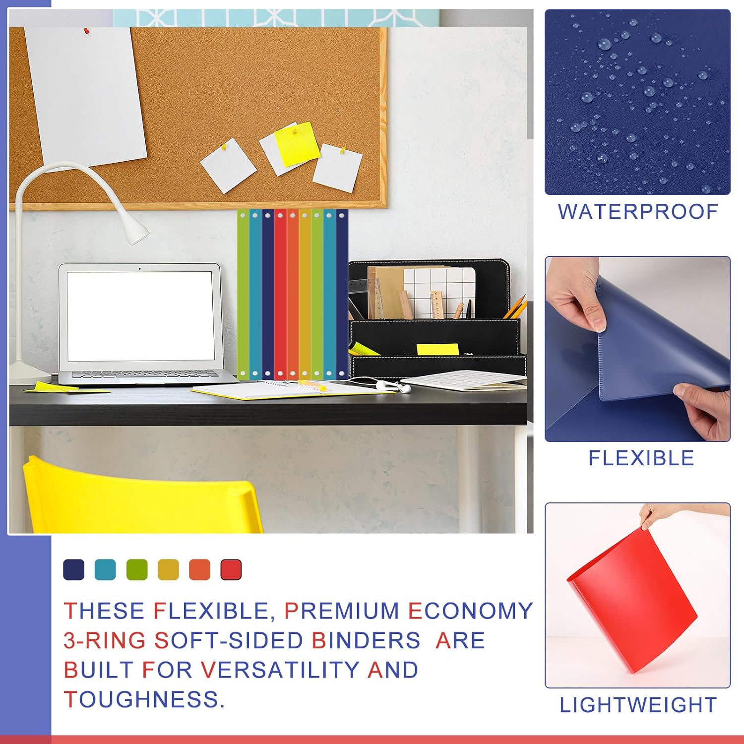Fulmoon 48 Pack 3 Ring Plastic Binders 1.5 Inch Bulk with 2 Pockets, Flexible Binder Loose Leaf Hardcover, Fit 12' x 10' US Letter Size Paper, for School Office Home, 6 Colors(Vibrant)