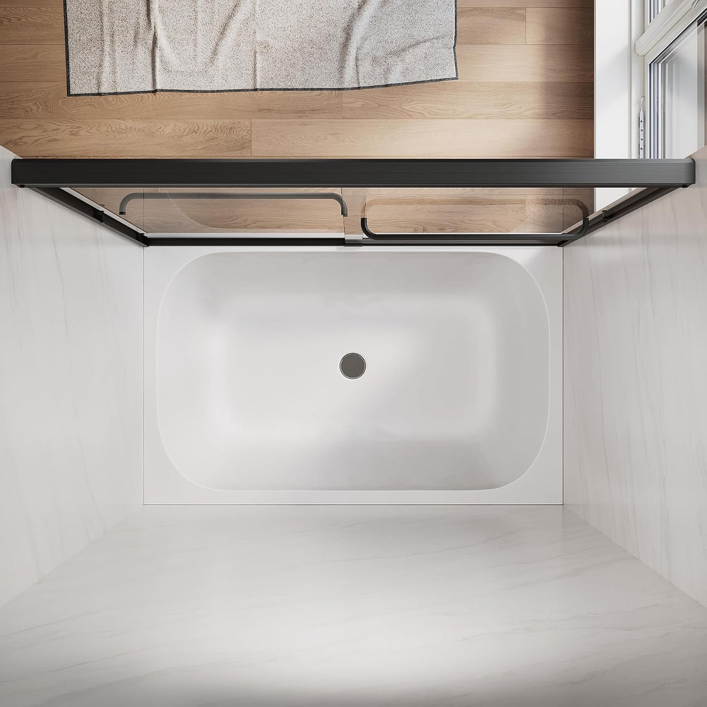 SUNNY SHOWER Double Sliding Glass Door 60' W x 57' H Shower Door 1/4' Tempered Glass Sliding Door Semi-Frameless Shower Glass Enclosure Bypass Walk in Shower Cabin, Matte Black