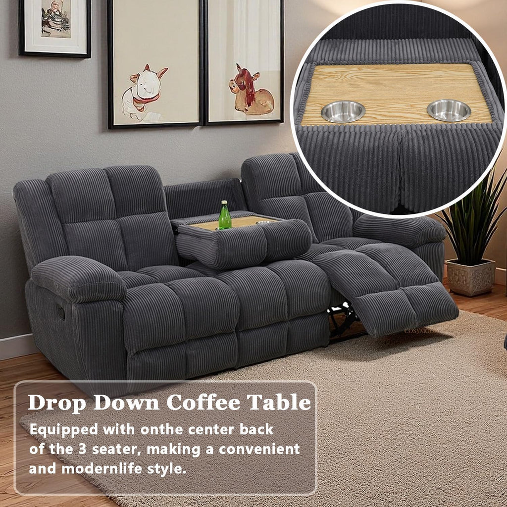 Corduroy Recliner Sofa Set with Cup Holder, 3 Pieces Living Room Furniture Sets, Grey Manual Corduroy Sofa Set with Storage, Modern Reclining Couches for Living Room/Office