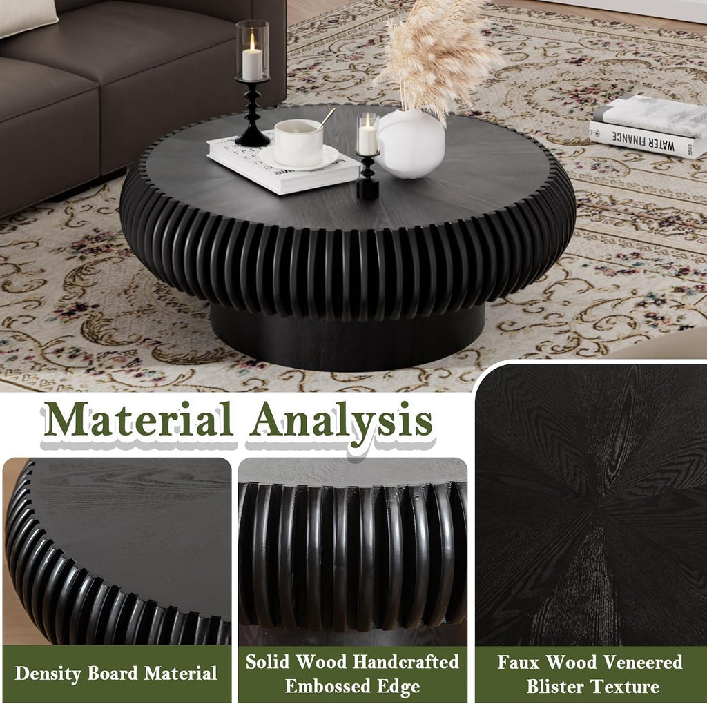Round Fluted Drum Coffee Table Modern Round Black Fluted Coffee Table Low Circle Coffee Tables for Living Room (Black A, 31.4')