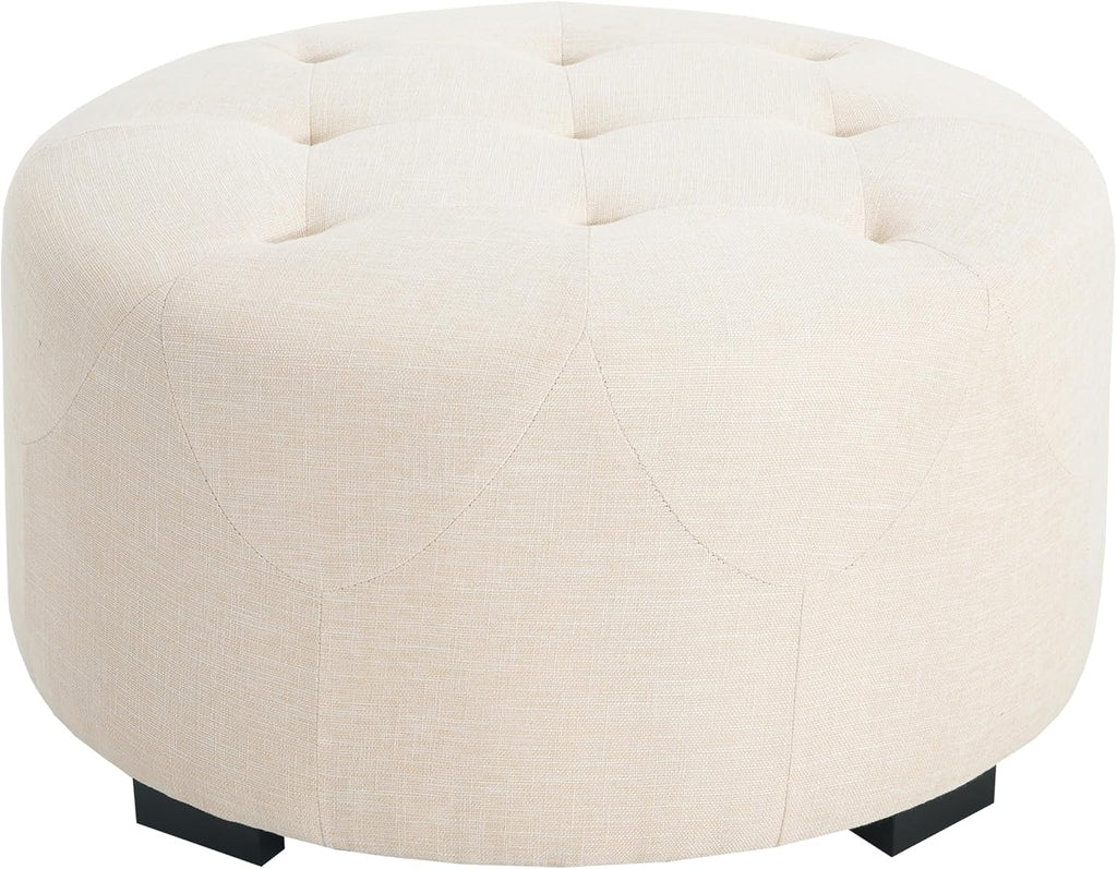 Christopher Knight Home York Linen Fabric Upholstered Ottoman, Wooden Round Ottoman Coffee Table, Modern Living Room Ottoman Foot Stool, Extra Seat Sofa Footrest, Beige