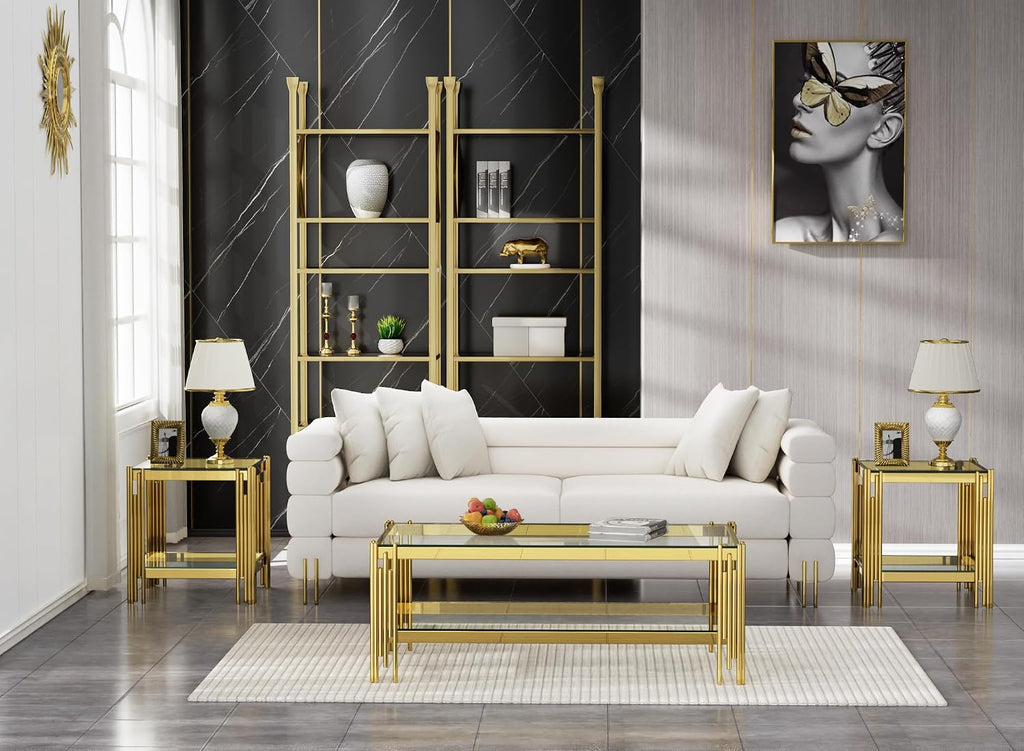 SSLine 3-Piece Living Room Table Set, Modern Clear Glass Coffee Table with 2 End Table, Luxury Rectangle 2-Tier Storage Coffee Table Set with Gold Stainless Steel Frame for Living Room