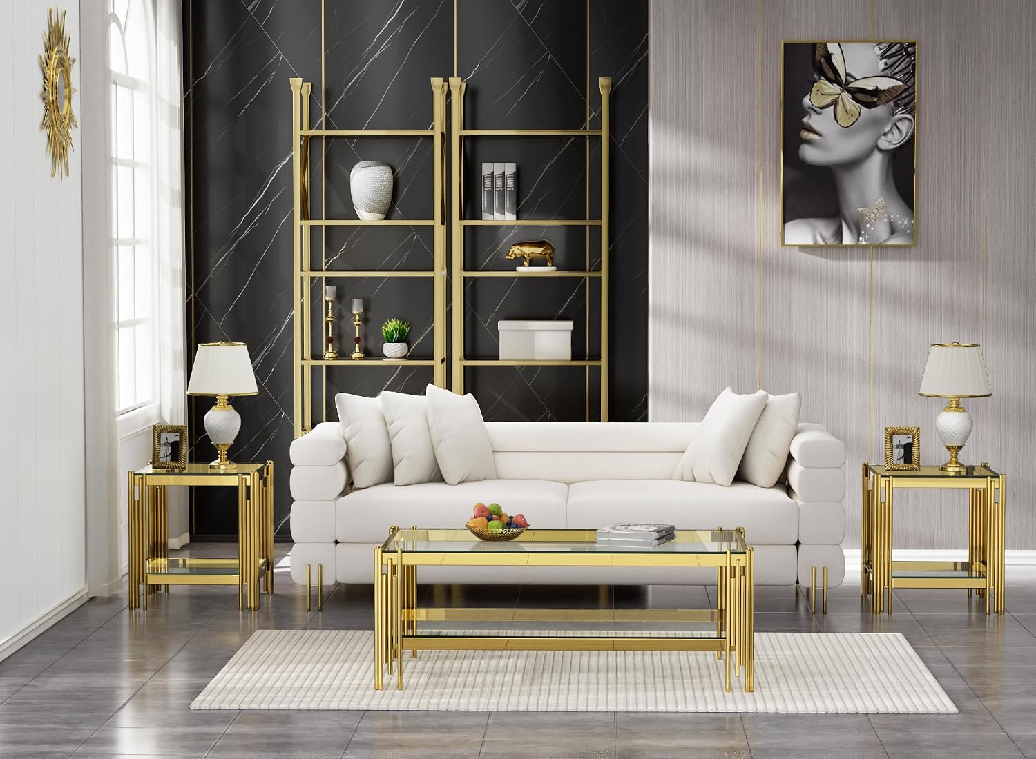 SSLine 3-Piece Living Room Table Set, Modern Clear Glass Coffee Table with 2 End Table, Luxury Rectangle 2-Tier Storage Coffee Table Set with Gold Stainless Steel Frame for Living Room