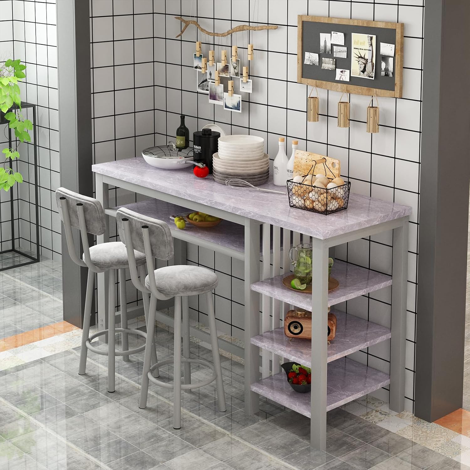 AWQM 3-Piece Bar Table and Chairs Set, Modern Glay Table with 2 PU Cushion Bar Stools, Kitchen Counter with 3 Tier Storage Shelves, Space Saving Table for Home & Kitchen, Black Frame