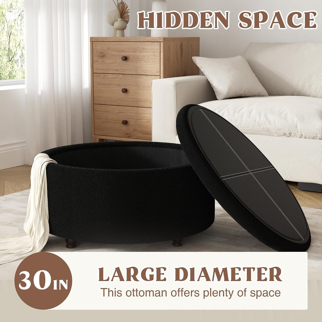 30 Inch Round Storage Ottoman,Modern Tufted Ottomans,Circular Coffee Table with Removable Top,Upholstered Large Ottoman with Storage Footrest Stool for Bedroom Living Room (Teddy Black)