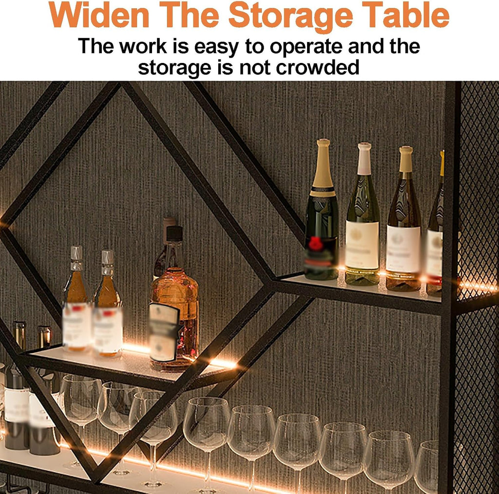Bar Shelves Wine Rack Wall Mounted, Metal 3-Tiers Hanging Goblet Display Storage, Bottle Stand Lighting for Bars, Floating Bar Shelf Rack, for Home Dining Room Kitchen