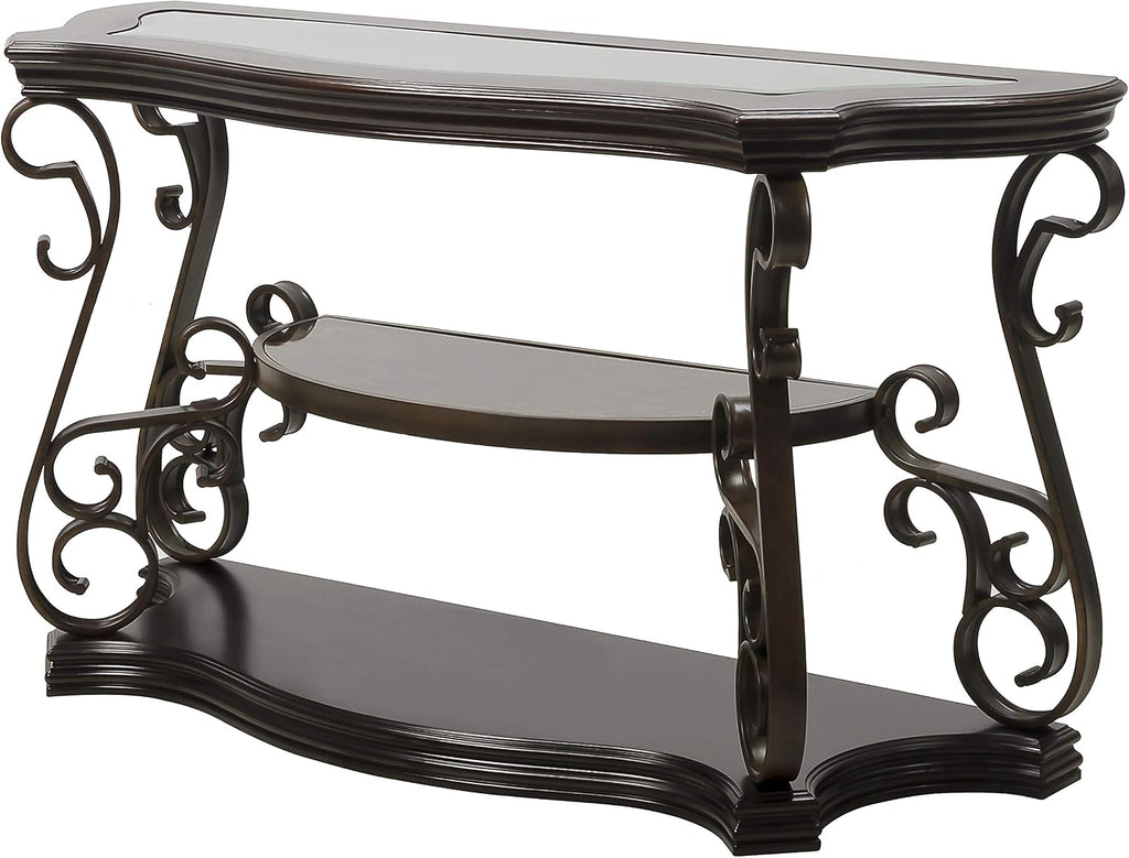 Elegant Retro Console Table, 3-Tier Traditional Rectangle Sofa Table with Tempered Glass Top, Mid-Marble Shelf, Vintage Accent Entryway Table for Living Room Hallway, Easy Assembly