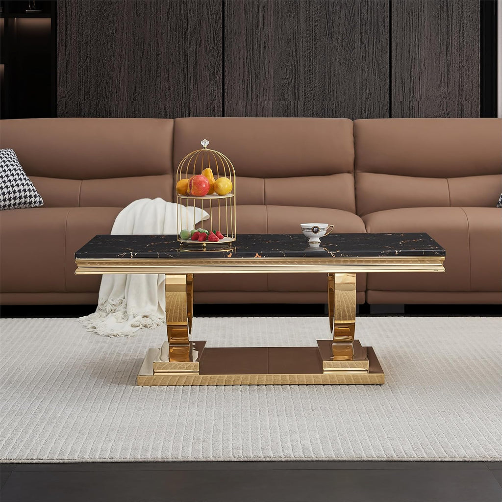 Marble Coffee Table, 47' Black Faux Marble Rectangular Cocktail Table with Mirrored Finish Double O-Shape Stainless Steel Base, Central Cocktail Tea Tables for Living Room Office, Gold