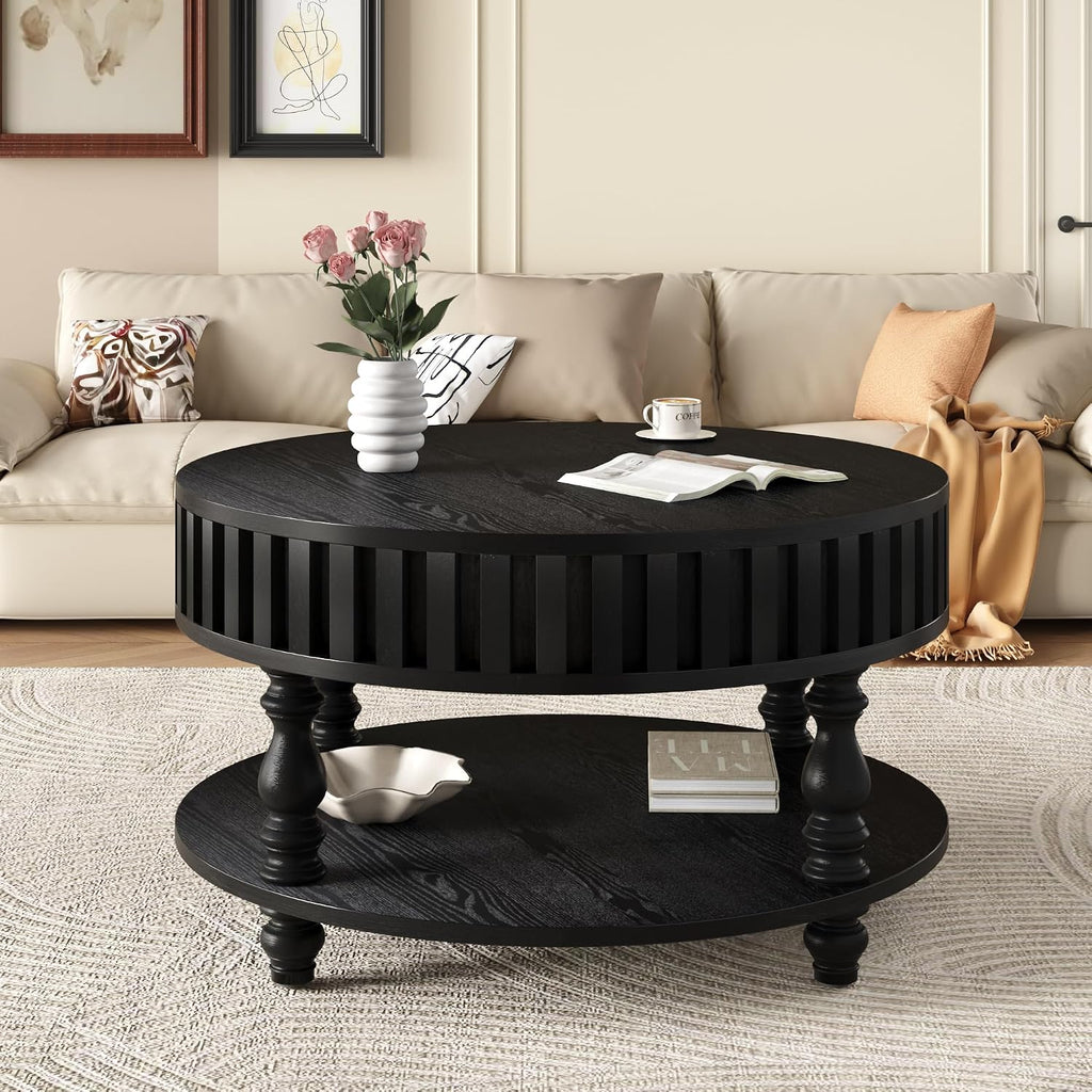 31.49'' Round Coffee Table with Storage Space, 2-Tier Modern Rustic Wood Circle Fluted Coffee Table for Living Room, Moveable Table Top & Easy Assembly, Black