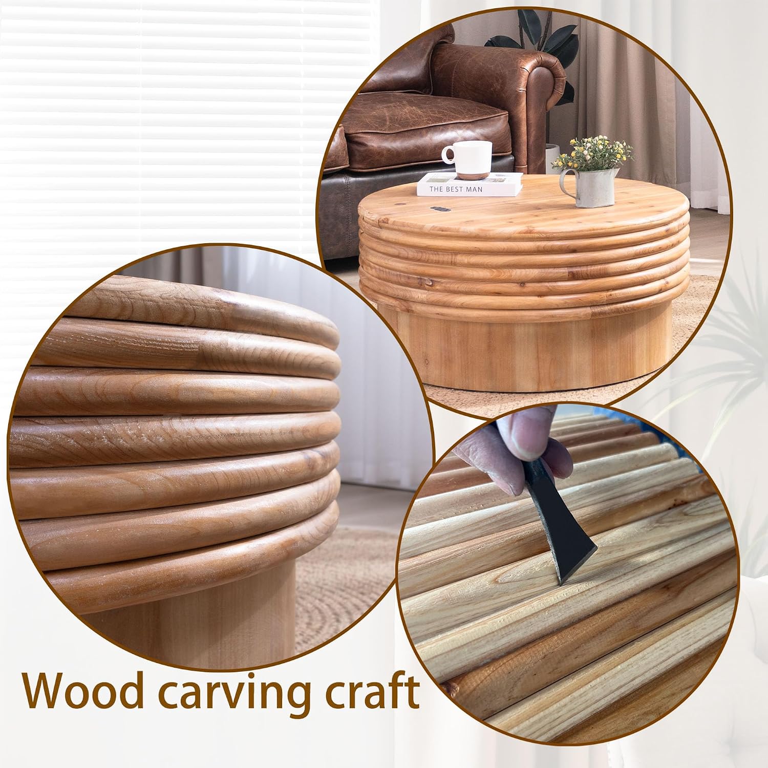 30.3'' Round Circle Coffee Table with Hidden Storage Space for Living Room, Modern Farmhouse Countryside Wood Coffee Table, Easy Assembly, Natural