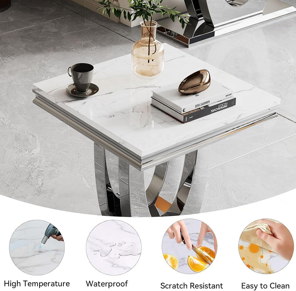 Modern Marble End Table,22' Suqare Side Table with Silver U-Shape Stainless Steel Base,Luxury White Faux Marble End Table Nightstand Pedestal Stand Lamp Table for Hallway, Living Room, Bedroom