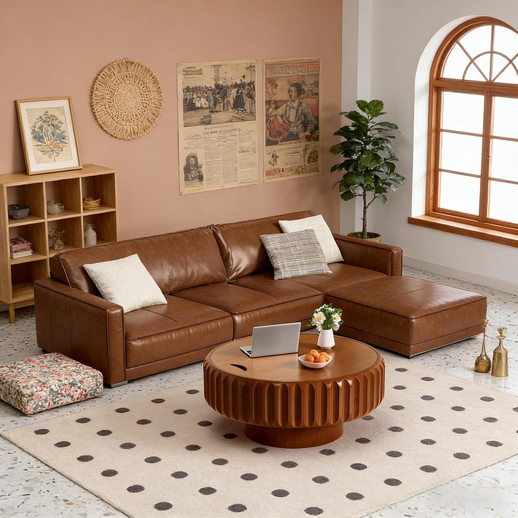 Round Wood Fluted Coffee Table with Storage, 31' Round Fluted Coffee Table with Flip-Top Lid Mid Century Modern Low Circle Drum Coffee Tables for Living Room (Brown, 31 inch)